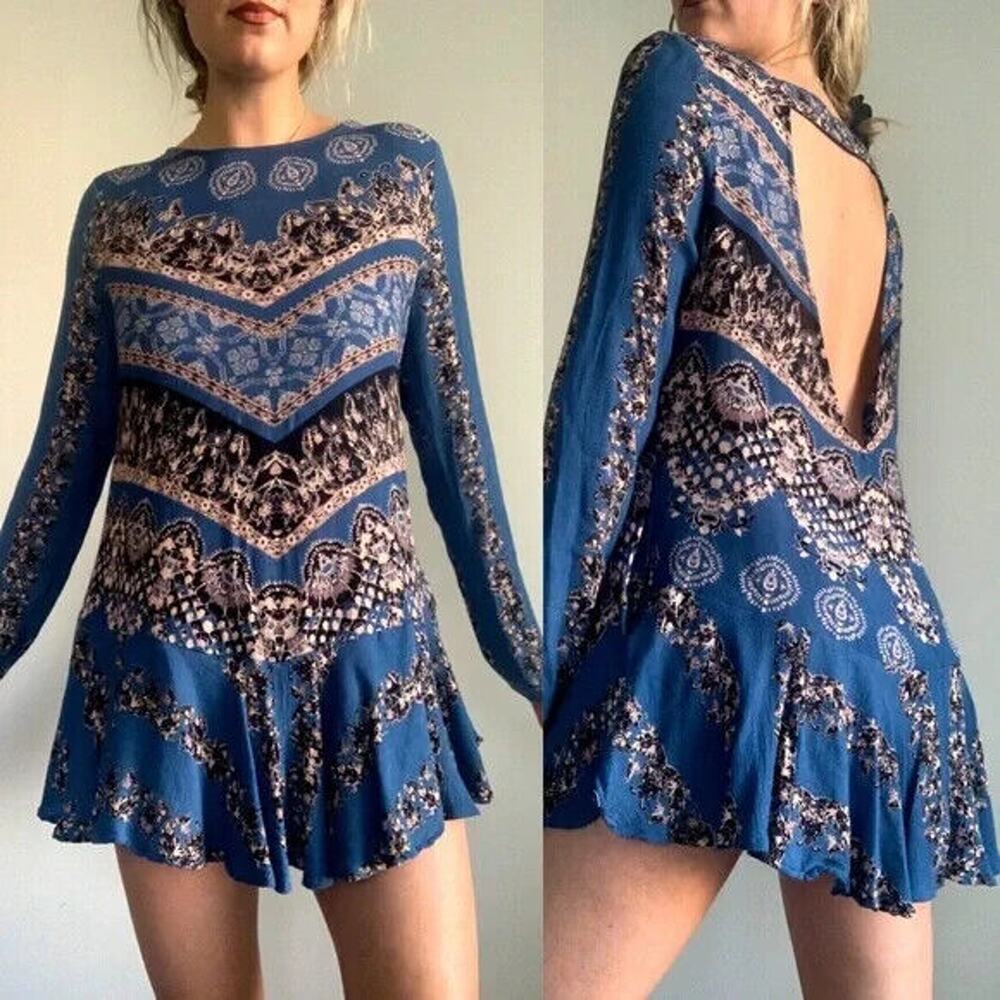 Free People Smooth Talker Tunic Mini Dress Boho Festival Blue Women's Size Large - Picture 10 of 16